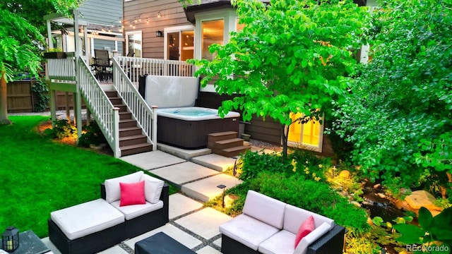 5150 Morning Glory Pl, Highlands Ranch, CO 80130 - view of patio with a hot tub, outdoor lounge area, a wooden deck, and stairs