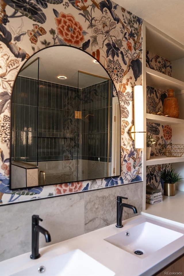 30938 Niakwa Rd, Evergreen, CO 80439 - bathroom featuring vanity and wallpapered walls
