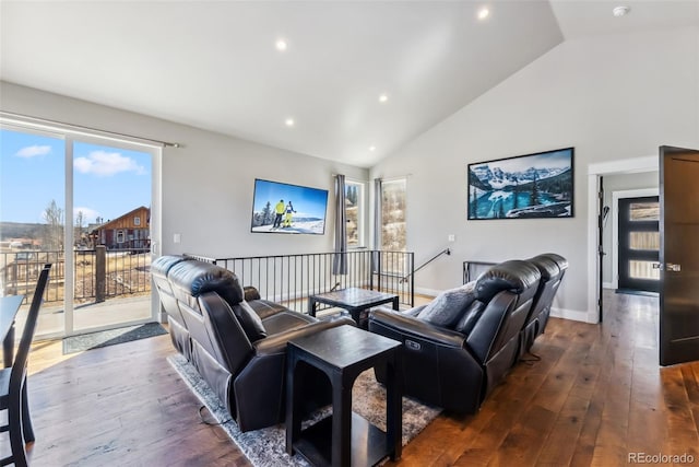 255 Flannigan Cir, Alma, CO 80420 - living area with dark wood-style flooring, high vaulted ceiling, and recessed lighting