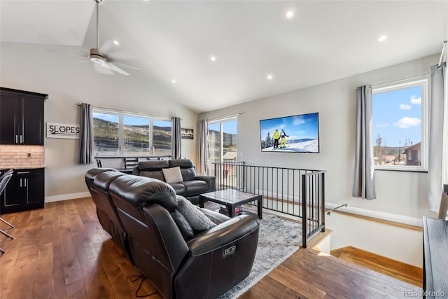 255 Flannigan Cir, Alma, CO 80420 - living room with ceiling fan, vaulted ceiling, baseboards, dark wood-style floors, and recessed lighting