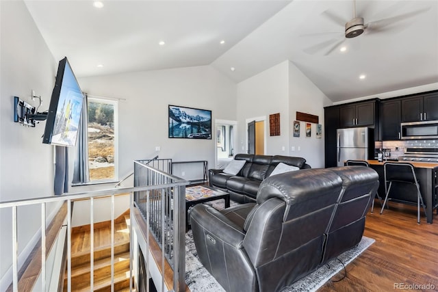 255 Flannigan Cir, Alma, CO 80420 - living area featuring high vaulted ceiling, ceiling fan, recessed lighting, and wood finished floors