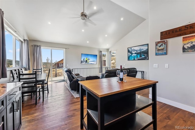255 Flannigan Cir, Alma, CO 80420 - dining space with baseboards, high vaulted ceiling, recessed lighting, a ceiling fan, and dark wood finished floors