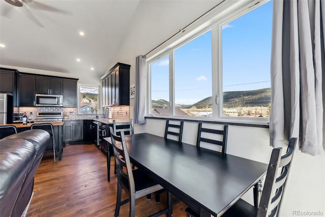 255 Flannigan Cir, Alma, CO 80420 - dining area featuring recessed lighting, a ceiling fan, dark wood-style flooring, and lofted ceiling