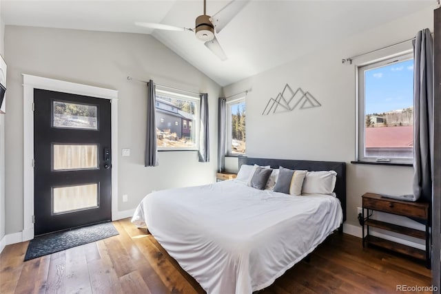 255 Flannigan Cir, Alma, CO 80420 - bedroom featuring wood finished floors, a ceiling fan, baseboards, and lofted ceiling