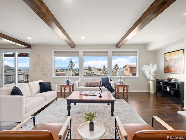 living room with beamed ceiling and dark hardwood / wood-style flooring