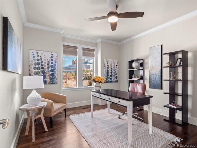 home office with crown molding, dark hardwood / wood-style flooring, and ceiling fan