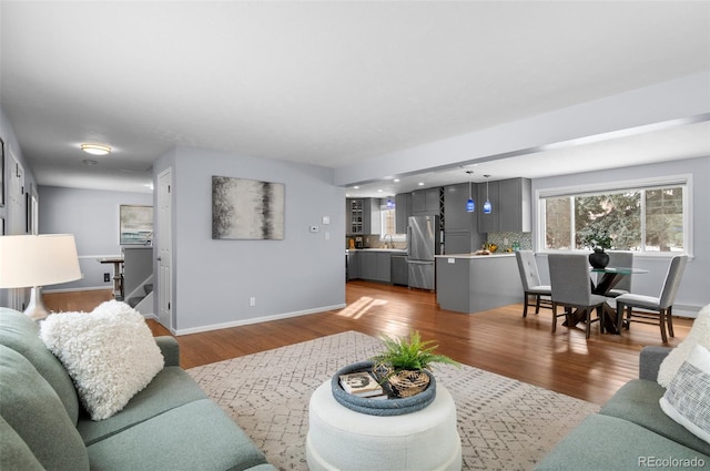 living room with sink and hardwood / wood-style floors