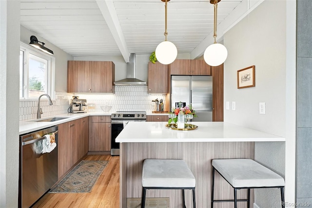1440 S Clermont St, Denver, CO 80222 - kitchen with wall chimney range hood, stainless steel appliances, a peninsula, a sink, and light wood-style flooring