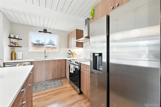 1440 S Clermont St, Denver, CO 80222 - kitchen featuring appliances with stainless steel finishes, a sink, wall chimney range hood, light wood-type flooring, and decorative backsplash