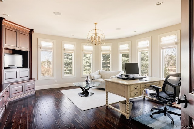 office area with baseboards, a notable chandelier, dark wood finished floors, and recessed lighting