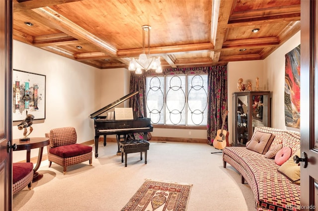 living area featuring baseboards, an inviting chandelier, wood ceiling, beamed ceiling, and carpet floors