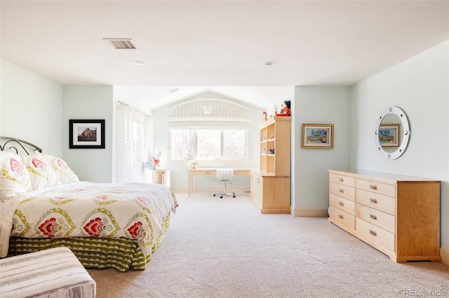 bedroom featuring light colored carpet, baseboards, and visible vents