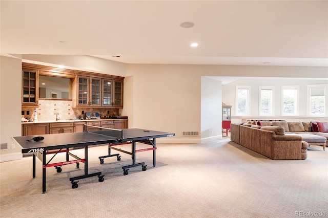 game room with baseboards, recessed lighting, visible vents, and light colored carpet