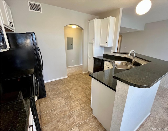 kitchen featuring sink, white cabinetry, electric panel, kitchen peninsula, and black appliances