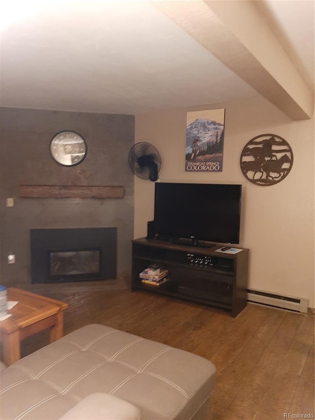 1525 Shadow Run Frontage Unit 204, Steamboat Springs, CO 80487 - living area featuring a baseboard radiator, a glass covered fireplace, and wood finished floors