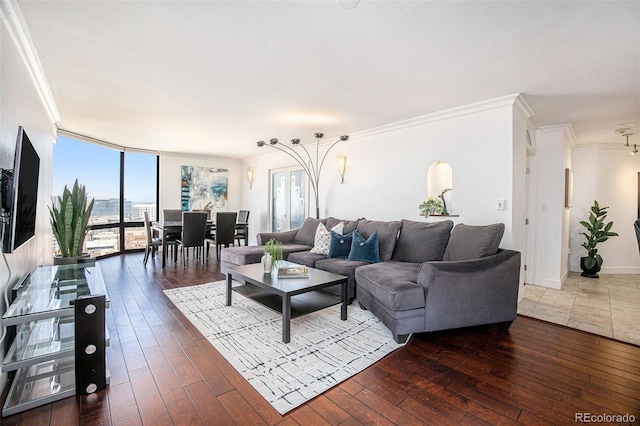 1625 Larimer St Unit 2601, Denver, CO 80202 - living area featuring ornamental molding, healthy amount of natural light, hardwood / wood-style floors, and a wall of windows