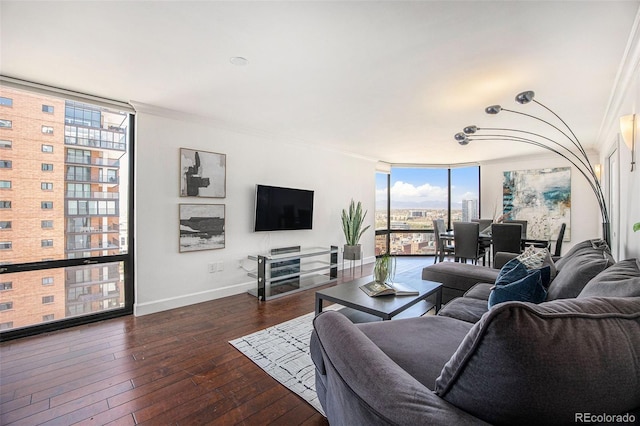1625 Larimer St Unit 2601, Denver, CO 80202 - living room featuring floor to ceiling windows, dark wood-style floors, and ornamental molding