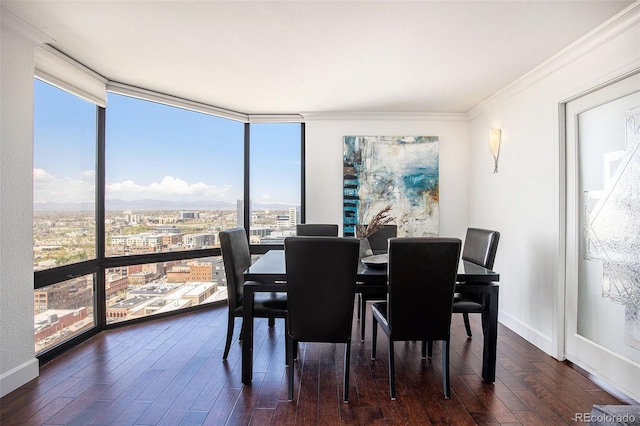 1625 Larimer St Unit 2601, Denver, CO 80202 - dining room featuring a wall of windows, healthy amount of natural light, hardwood / wood-style flooring, crown molding, and a view of city