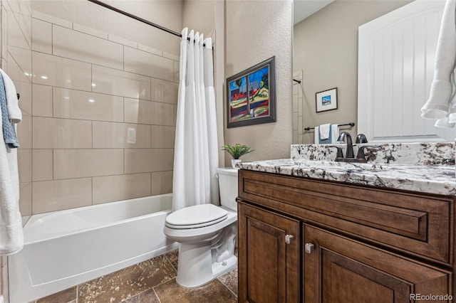 4937 Hogback Ridge Rd, Morrison, CO 80465 - full bathroom with a textured wall, shower / tub combo, toilet, and vanity