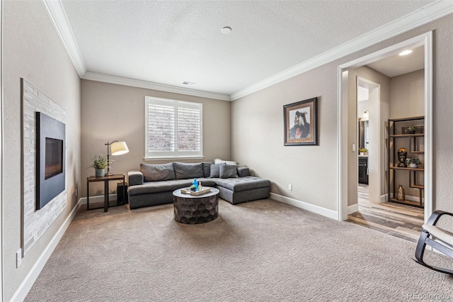 4937 Hogback Ridge Rd, Morrison, CO 80465 - carpeted living room with baseboards, crown molding, a textured ceiling, and visible vents