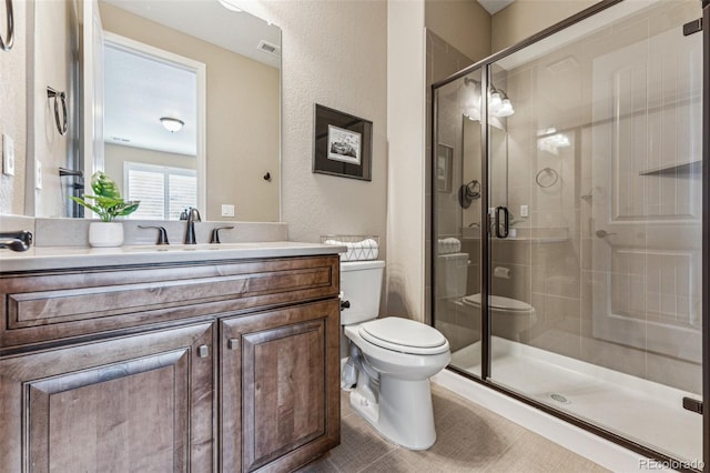4937 Hogback Ridge Rd, Morrison, CO 80465 - full bathroom featuring a stall shower, vanity, visible vents, and toilet