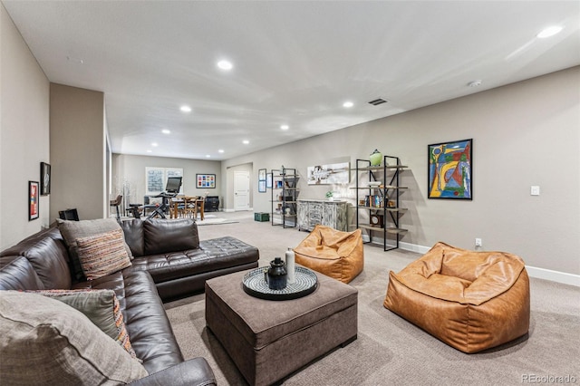 4937 Hogback Ridge Rd, Morrison, CO 80465 - living room with baseboards, light carpet, visible vents, and recessed lighting