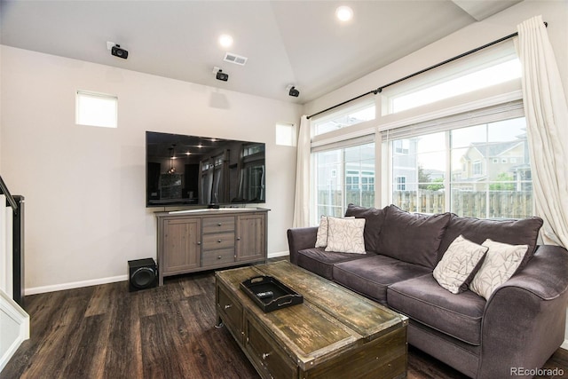 213 S Old Hammer Ct, Aurora, CO 80018 - living room featuring dark wood finished floors, lofted ceiling, and recessed lighting