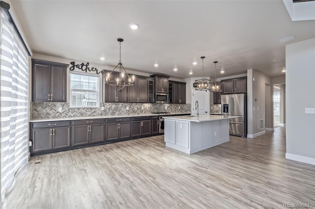 kitchen with stainless steel appliances, hanging light fixtures, a center island with sink, and plenty of natural light