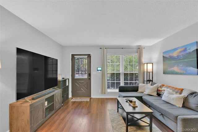 living room with dark wood-type flooring and a textured ceiling