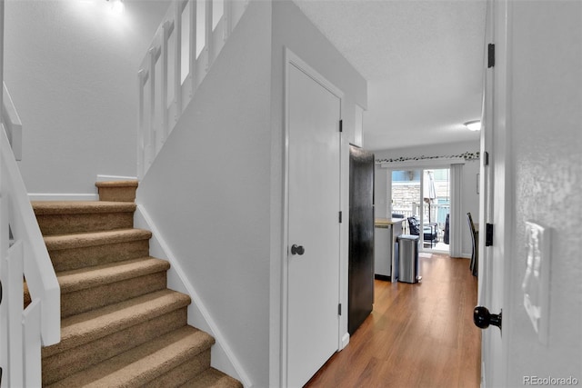 staircase featuring wood-type flooring