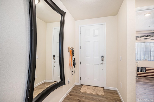 doorway with baseboards and wood finished floors