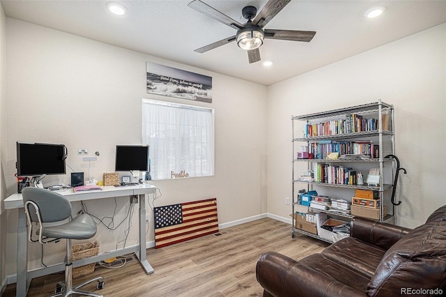 office space featuring baseboards, recessed lighting, ceiling fan, and wood finished floors