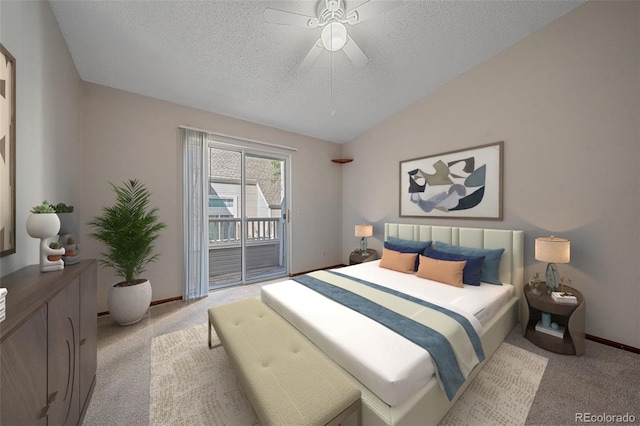 bedroom with vaulted ceiling, ceiling fan, light colored carpet, and access to exterior