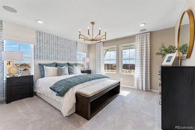 23782 E 33rd Pl, Aurora, CO 80019 - bedroom with light colored carpet, a chandelier, baseboards, and recessed lighting