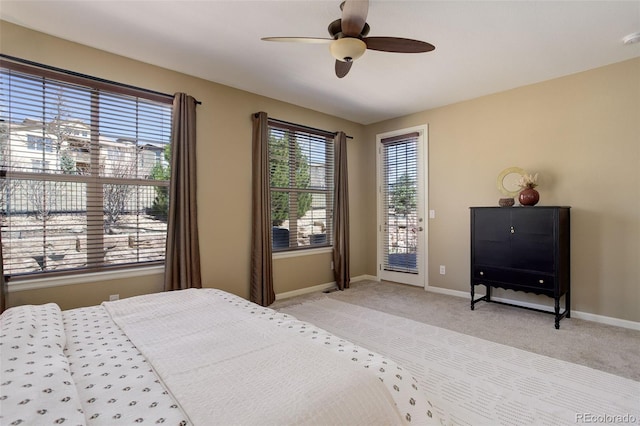 bedroom with access to outside, ceiling fan, baseboards, and light carpet