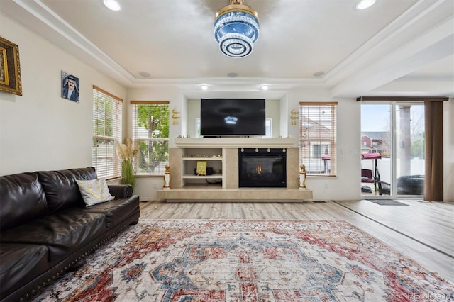 5293 Malaya St, Denver, CO 80249 - living room featuring recessed lighting, a raised ceiling, wood finished floors, and a tile fireplace