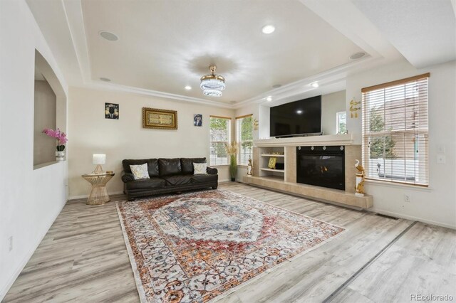 5293 Malaya St, Denver, CO 80249 - living room featuring a raised ceiling, baseboards, wood finished floors, and a tiled fireplace