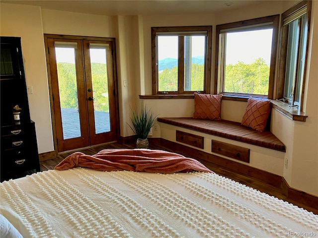 bedroom featuring french doors, wood-type flooring, multiple windows, and access to exterior