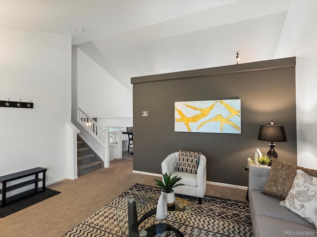 4436 Windmill Dr, Brighton, CO 80601 - living room featuring carpet flooring, lofted ceiling, and stairway