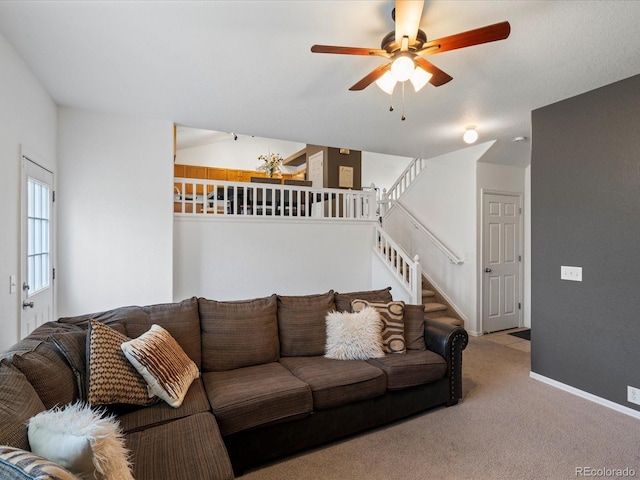 4436 Windmill Dr, Brighton, CO 80601 - living room with ceiling fan, carpet floors, and stairs