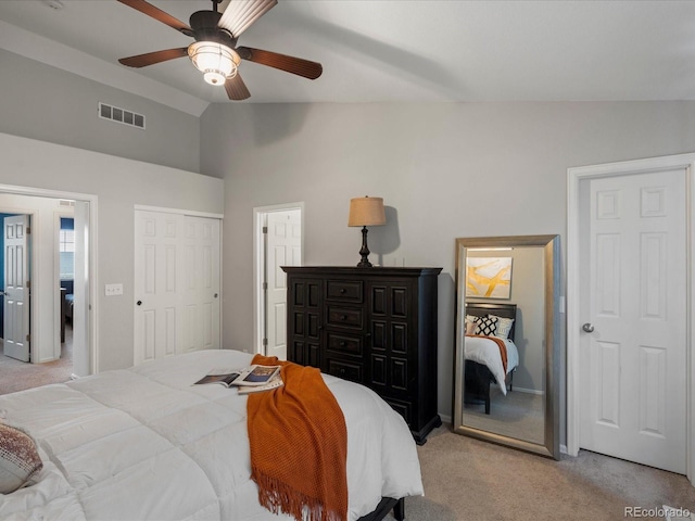 4436 Windmill Dr, Brighton, CO 80601 - bedroom with light carpet, lofted ceiling, and ceiling fan
