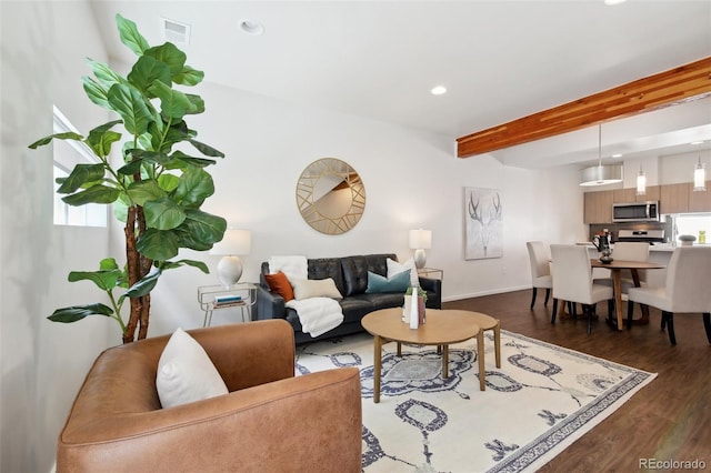 1711 Hooker St Unit 2, Denver, CO 80204 - living area featuring beamed ceiling, dark wood-style floors, and recessed lighting