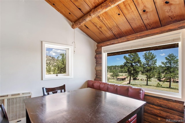 dining area featuring lofted ceiling with beams, wooden ceiling, and a wealth of natural light