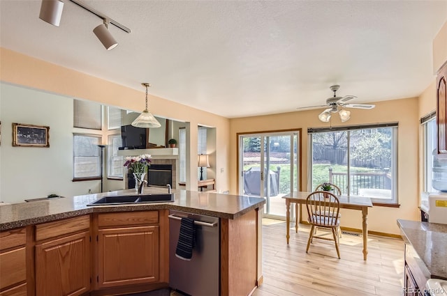 kitchen featuring stainless steel dishwasher, a ceiling fan, a fireplace, light wood-style floors, and a sink