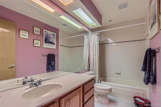 bathroom featuring visible vents, shower / bath combination with curtain, tile patterned floors, vanity, and toilet