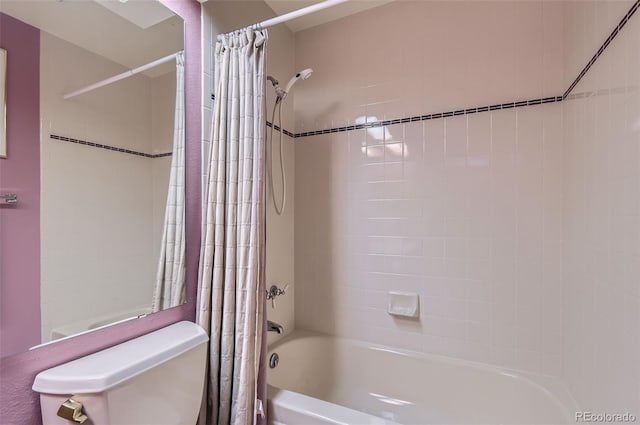 full bath featuring toilet and shower / tub combo with curtain