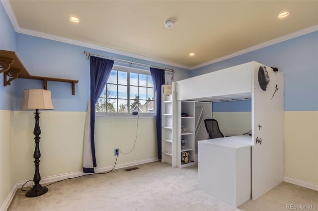 unfurnished bedroom featuring visible vents, baseboards, crown molding, and light colored carpet