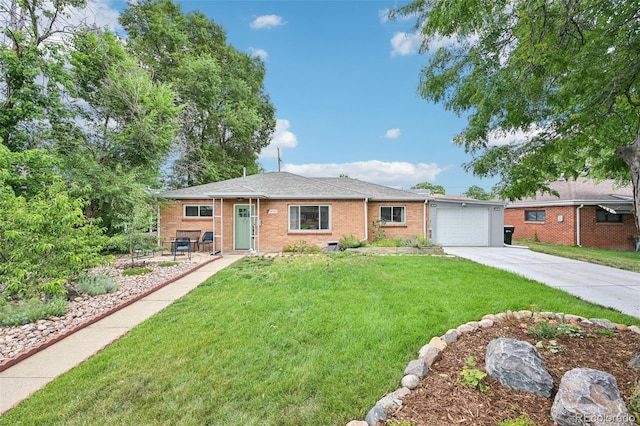 9150 Fir Dr, Thornton, CO 80229 - ranch-style house with concrete driveway, an attached garage, a front lawn, and brick siding