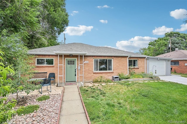 9150 Fir Dr, Thornton, CO 80229 - ranch-style house with brick siding, a front lawn, concrete driveway, a shingled roof, and an attached garage