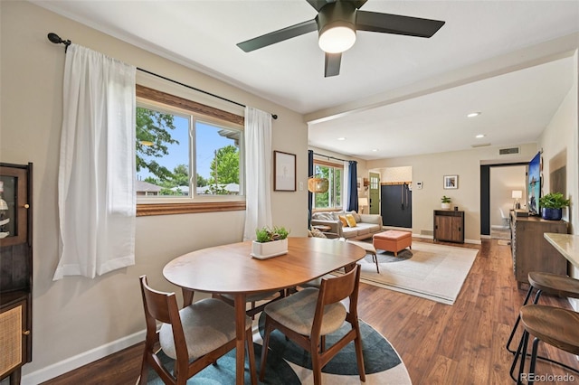 9150 Fir Dr, Thornton, CO 80229 - dining space featuring wood finished floors, a ceiling fan, and recessed lighting